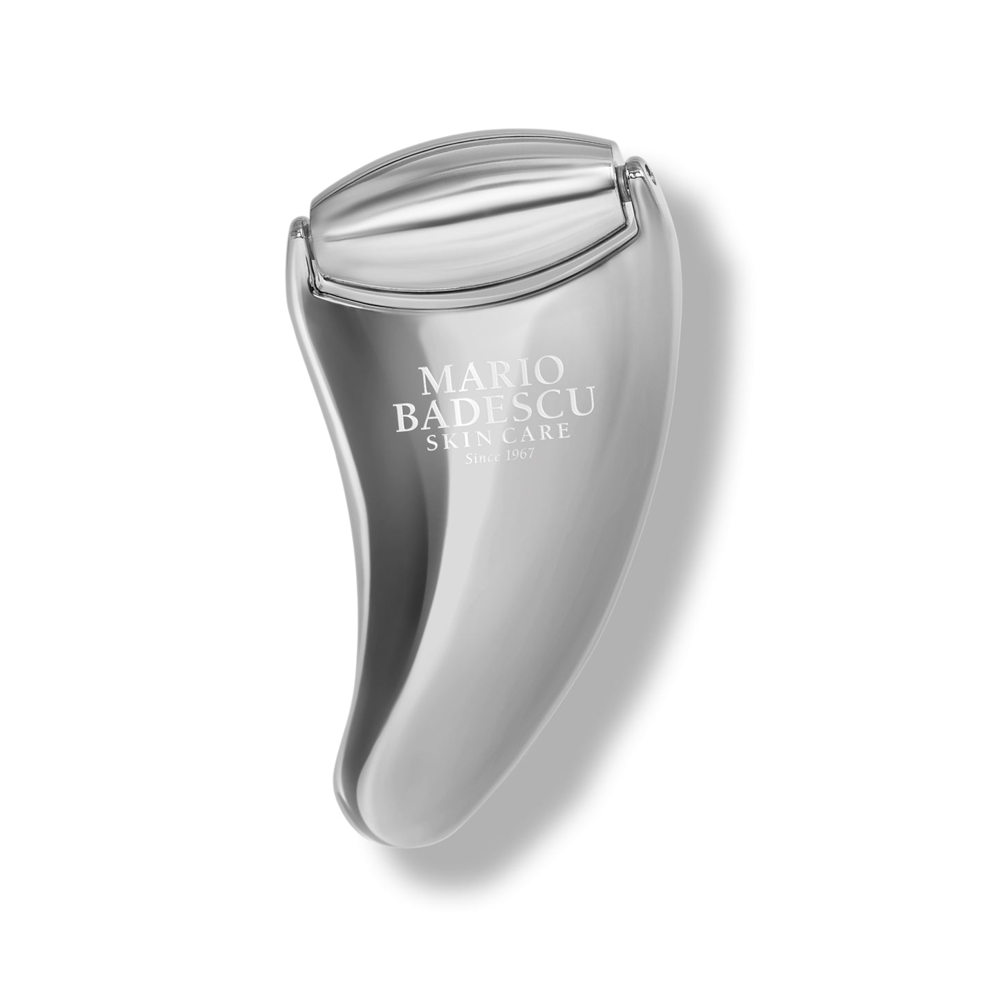 Silver skincare tool with 'Mario Badescu' branding on a white background