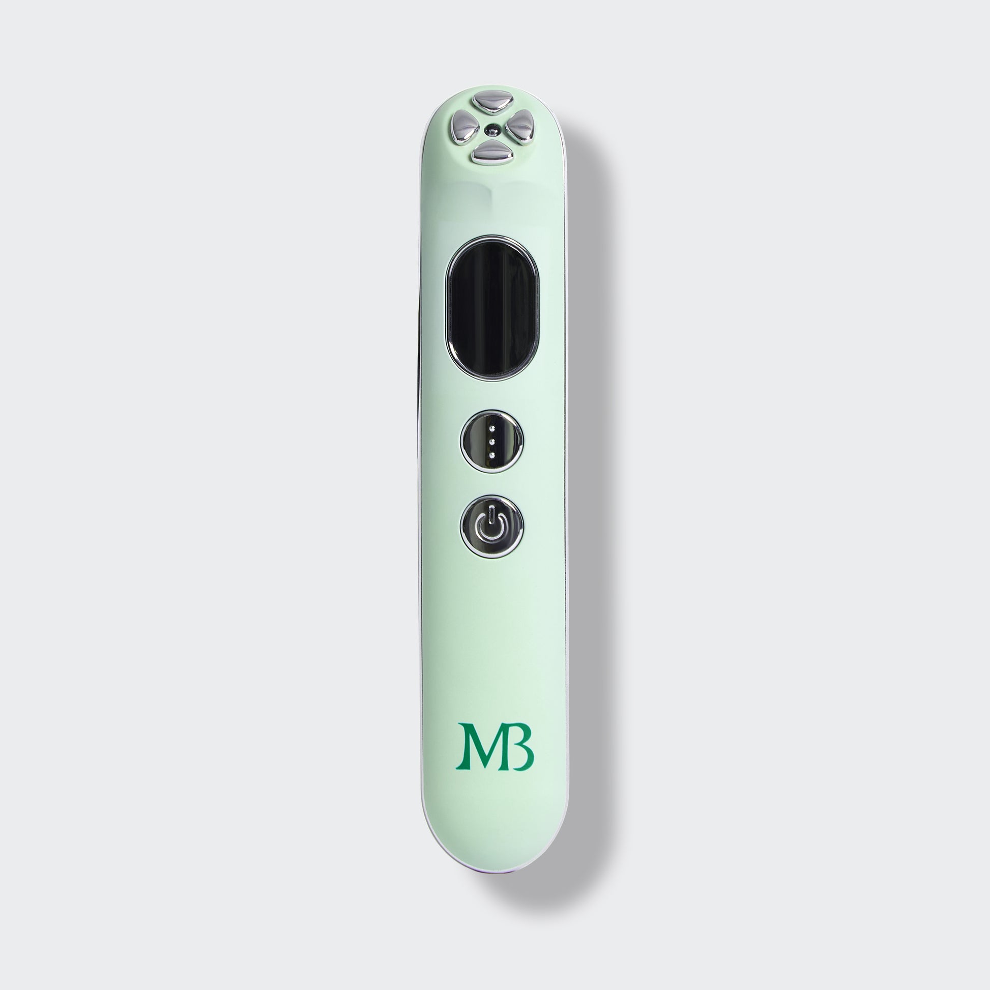 Mint green electronic device with 'MB' logo on a light gray background