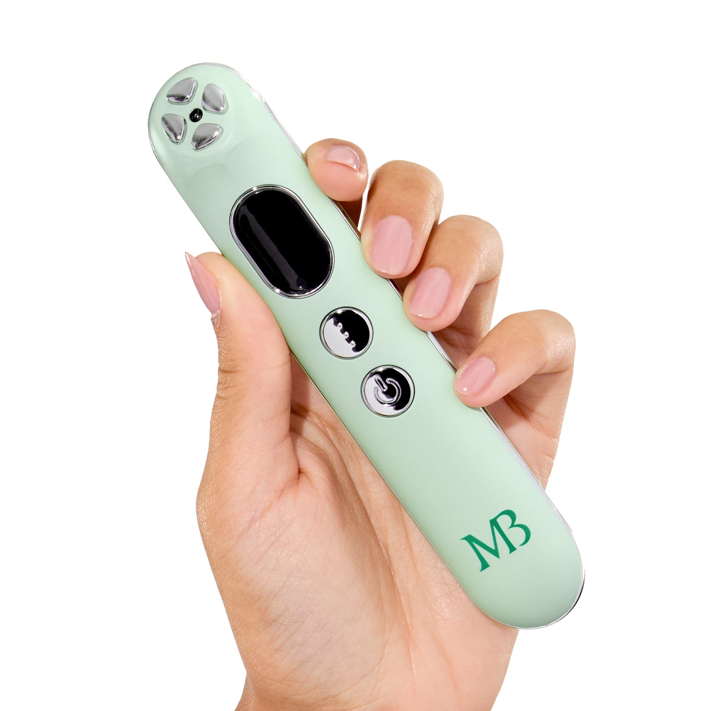 Hand holding a light green electronic device with 'MB' branding on a white background