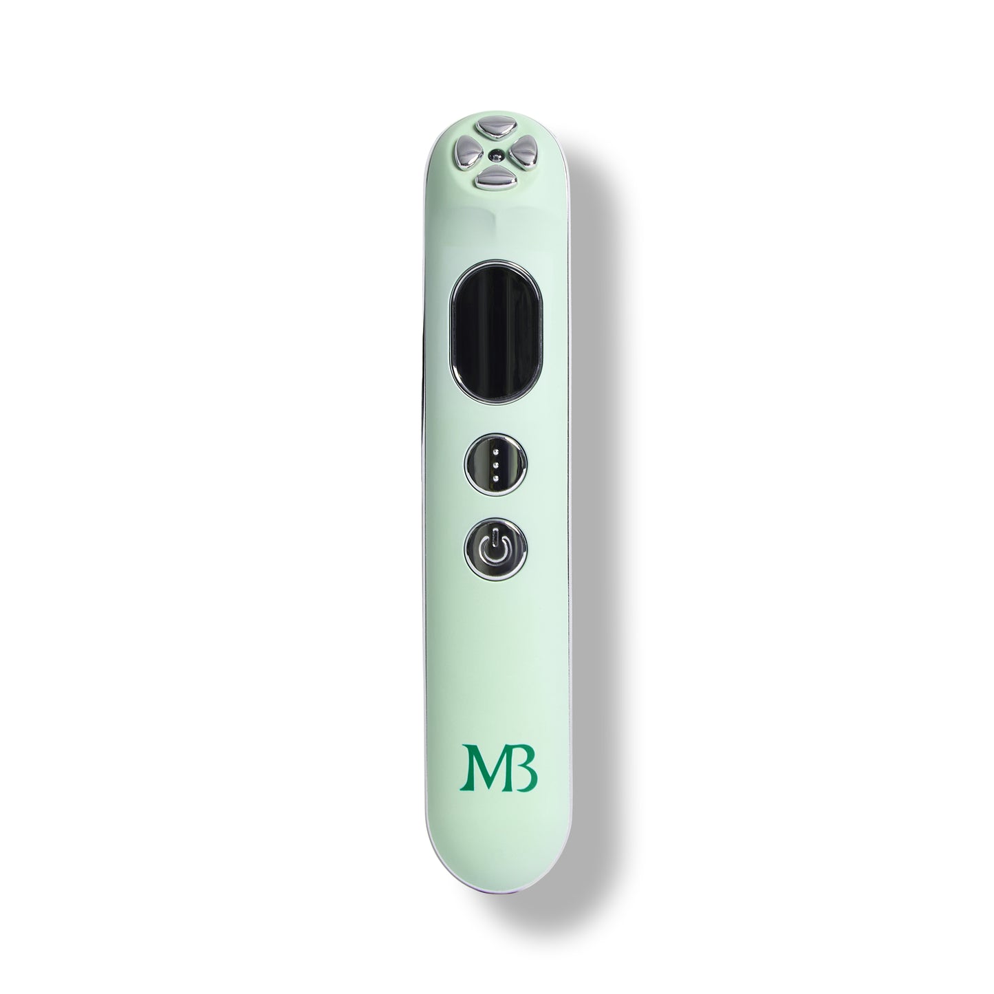 Mint green electronic device with 'MB' logo on a white background