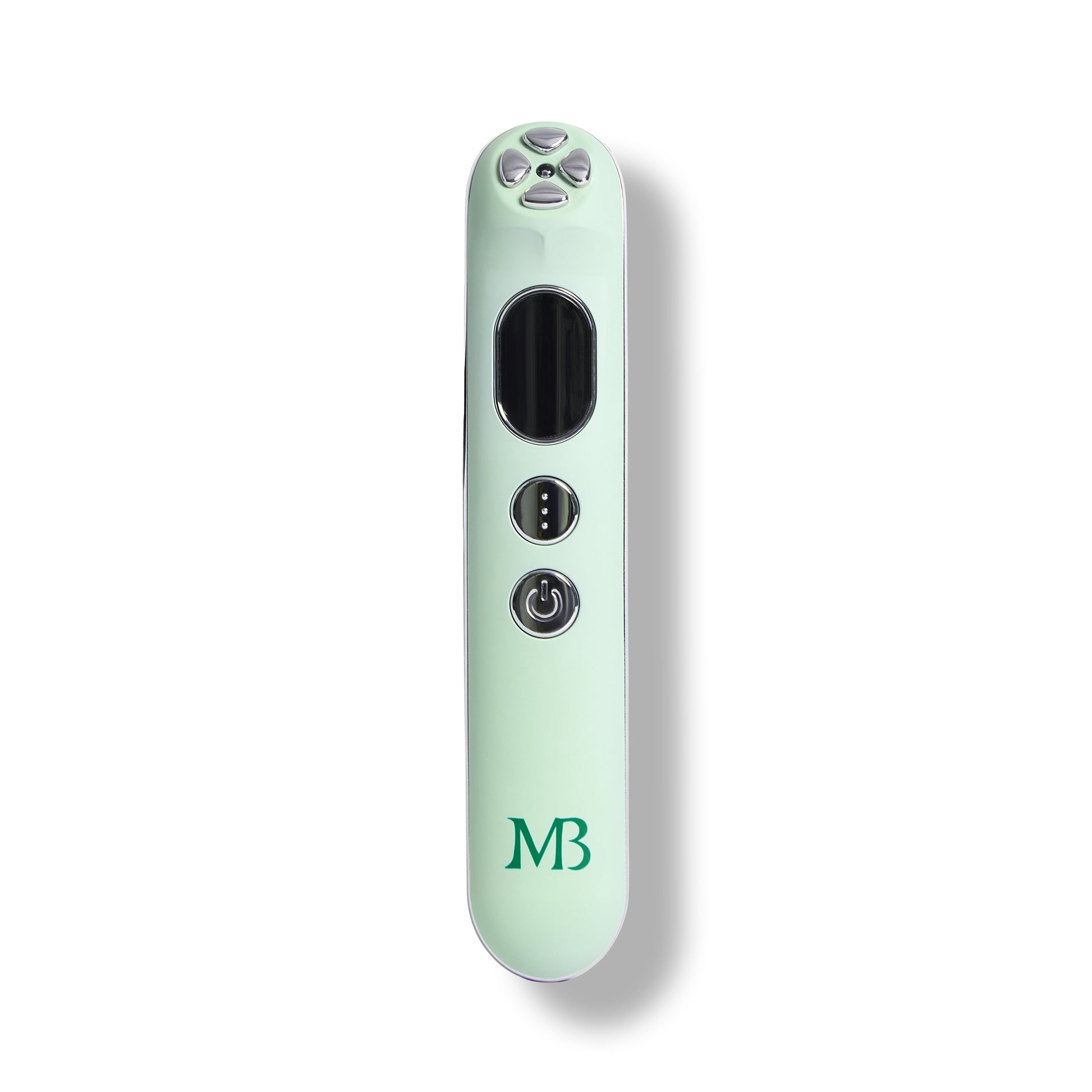 Mint green electronic device with 'MB' logo on a white background