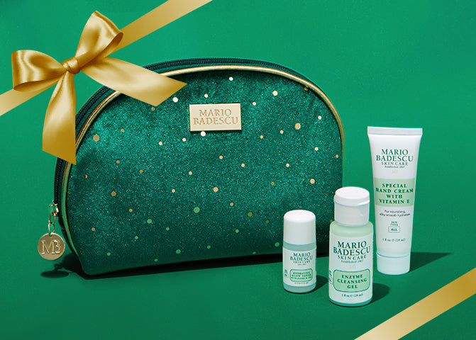 Green glittery cosmetic bag with gold bow and Mario Badescu products on a green background