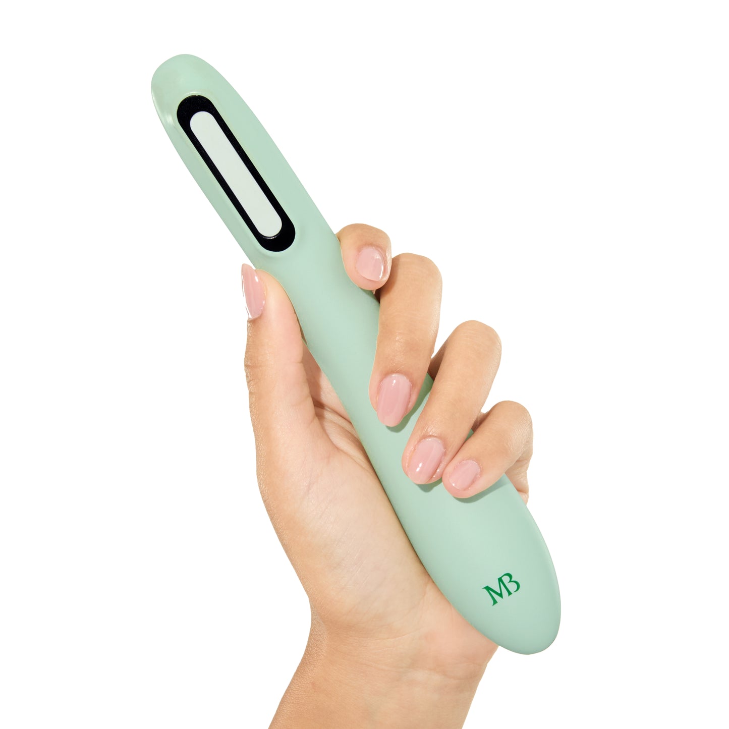Hand holding a light green tool with a brand logo on a white background